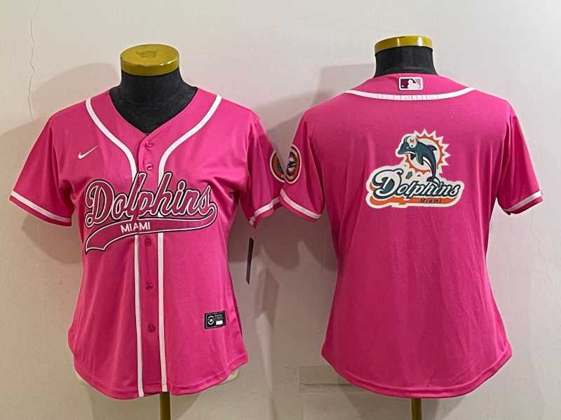 Womens Miami Dolphins Pink Team Big Logo With Patch Cool Base Stitched Baseball Jersey->women nfl jersey->Women Jersey